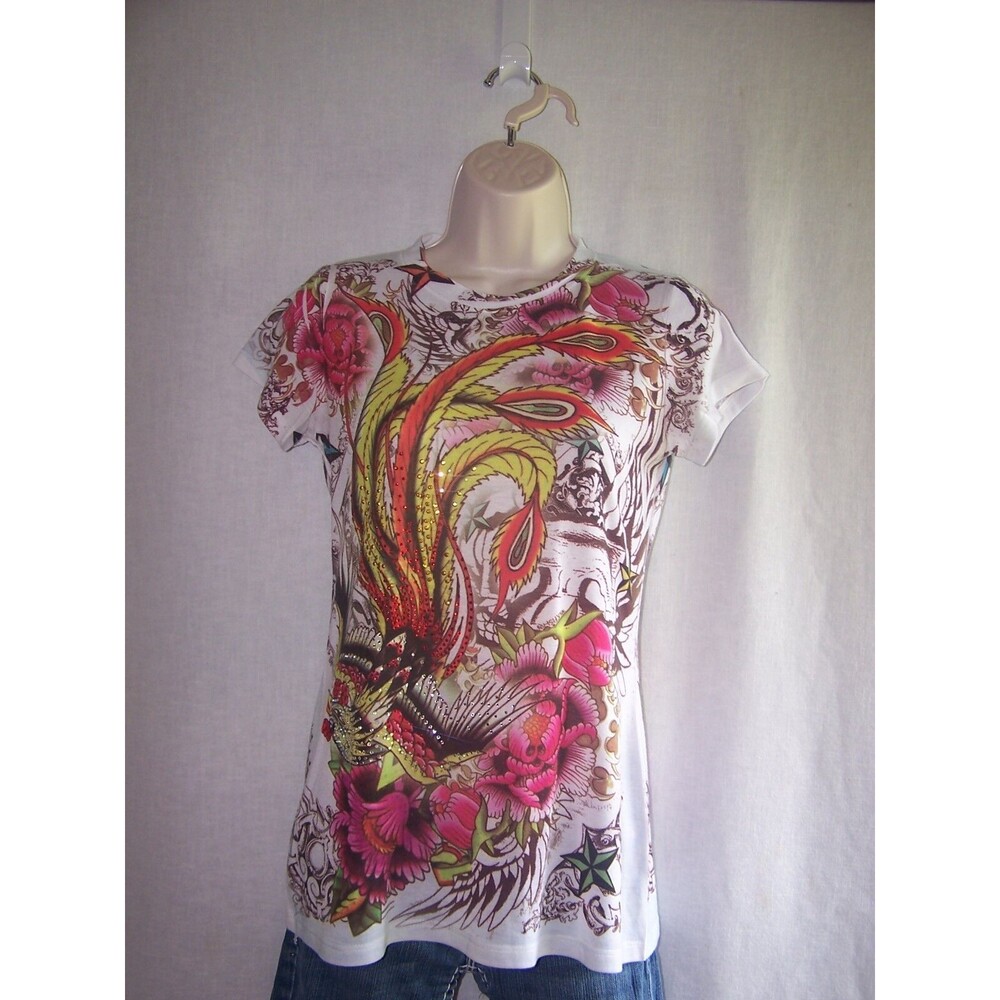 San‎ Joy  decorated blouse w/sequins peacock junior large